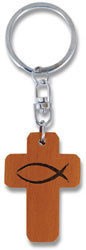 Sleutelhanger kruis hout vis