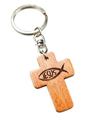 Sleutelhanger kruis hout vis/Jezus