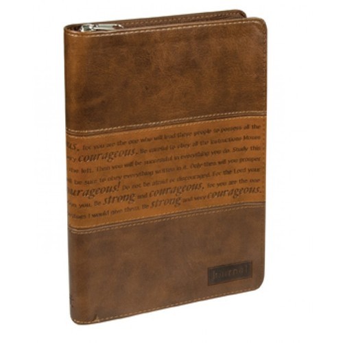 Classic Faux Leather Journal Strong and Courageous Joshua 1:57 Bible Verse, Brown Inspirational Notebook, Lined Pages W/Scripture, Ribbon Marker, Zipp