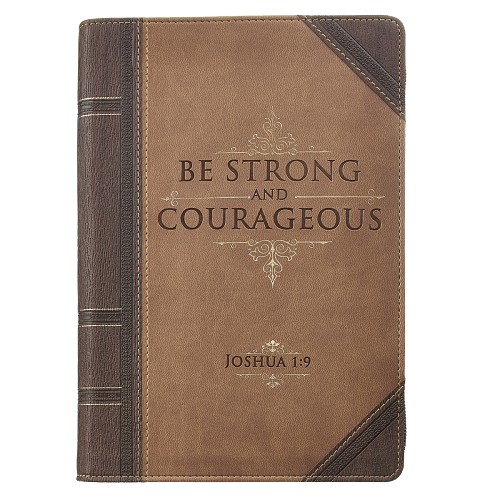 Classic Faux Leather Journal Strong and Courageous Joshua 1:9 Bible Verse Antiqued Brown Inspirational Notebook, Lined Pages W/Scripture, Ribbon Marke