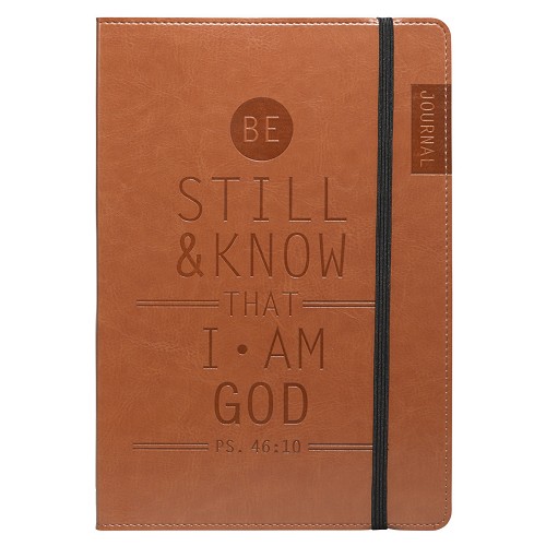 Christian Art Gifts Tan Faux Leather Journal, Be Still and Know – Psalm 46:10, Flexcover Inspirational Notebook W/Elastic Closure 160 Lined Pages W/Sc