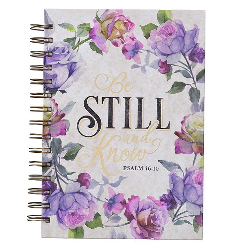 Christian Art Gifts Journal W/Scripture Be Still and Know Psalm 46:10 Bible Verse Purple Rose 192 Ruled Pages, Large Hardcover Notebook, Wire Bound