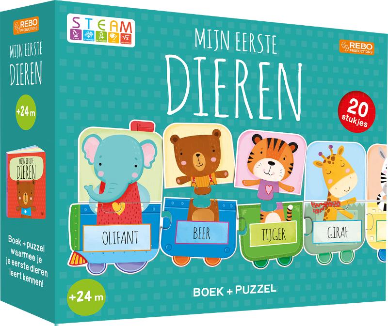 Puzzeltrein 20 stukjes en boek – Mijn eerste dieren